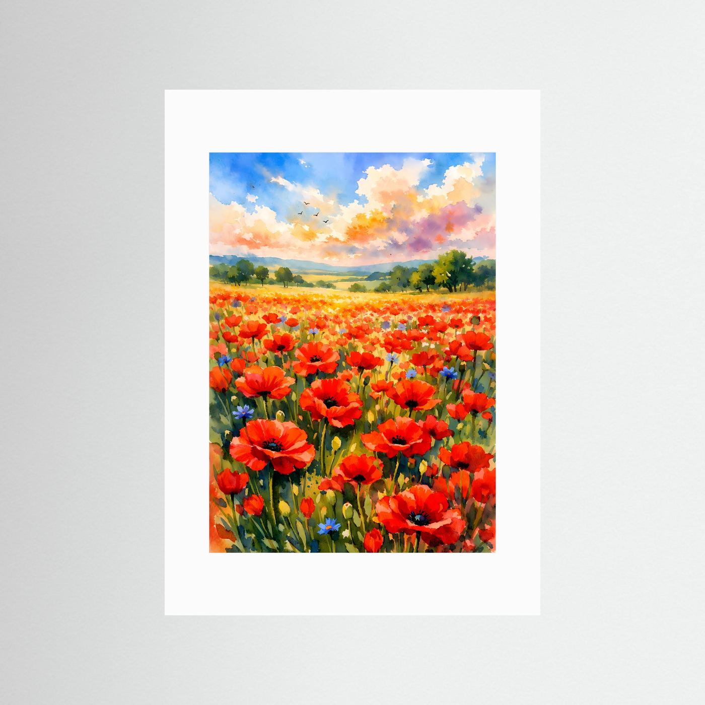 Poster im Hochformat mit roten Mohnblumen, blauem Himmel und Landschaft; mit weißem Passepartout.