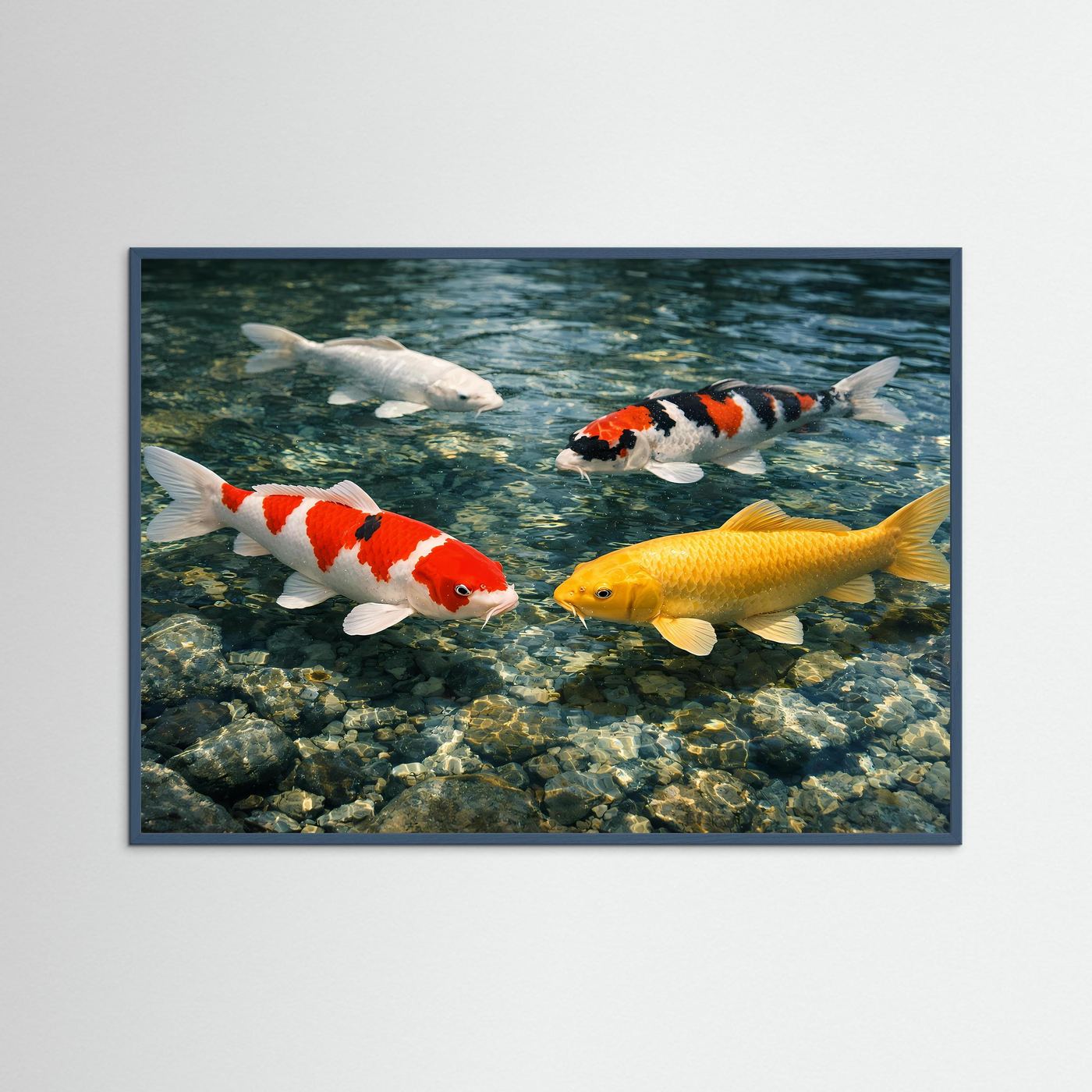 Koi-Karpfen-Poster im glasklaren Teich mit violettem Rahmen, Querformat