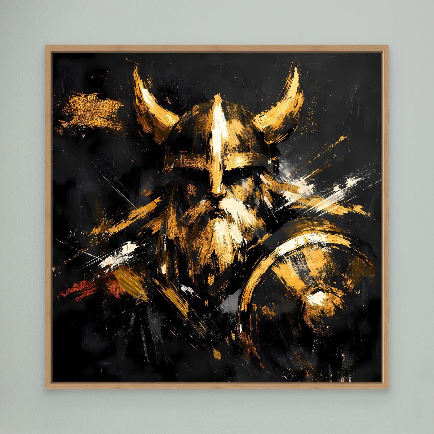 Leinwand Goldener Wikinger mit Schild | Abstraktes Nordmann Wandbild Modern