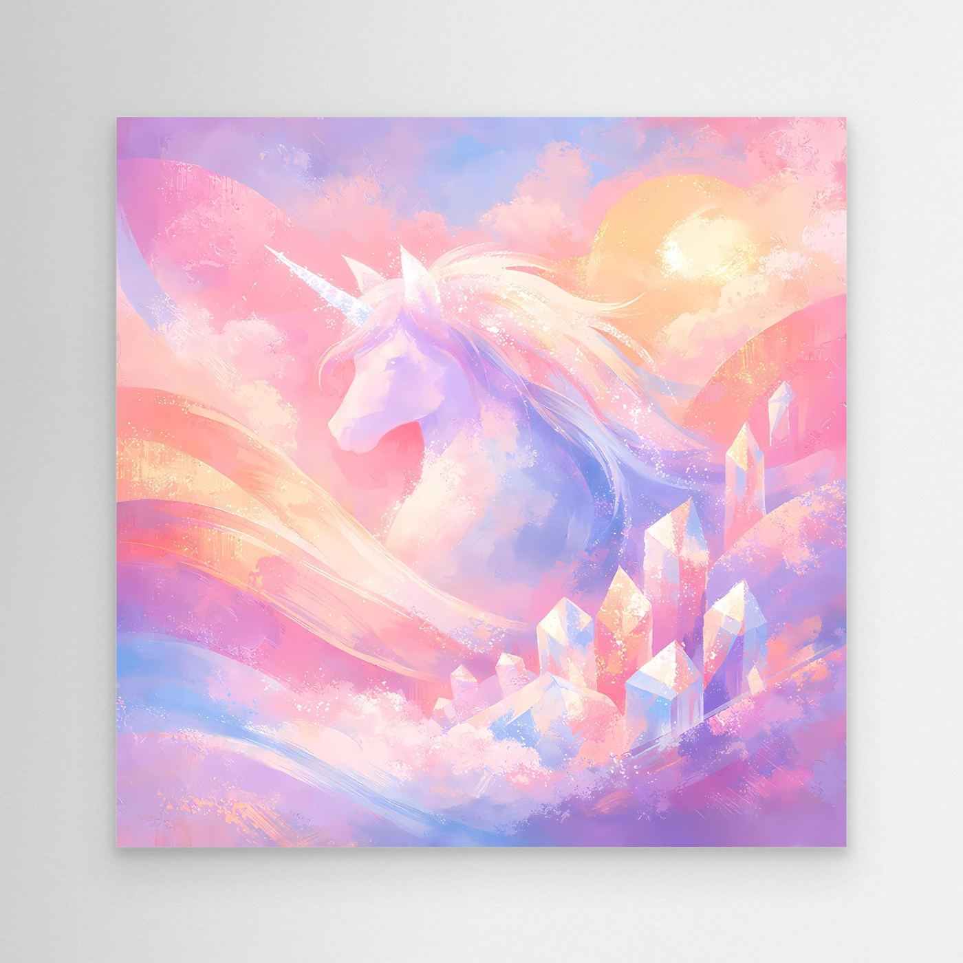 Leinwandbild mit pastellfarbenem Einhorn, Regenbogenlicht und abstrakter Fantasy-Optik