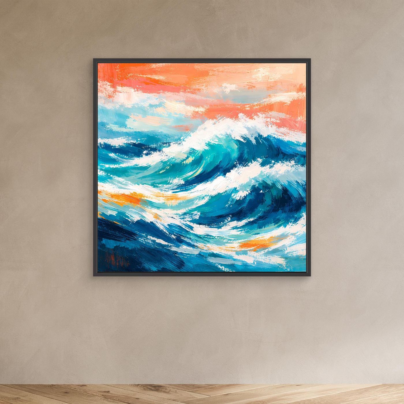 Leinwand-Wandbild mit türkisblauer Meereswelle, orange Himmel, schwarzer Rahmen