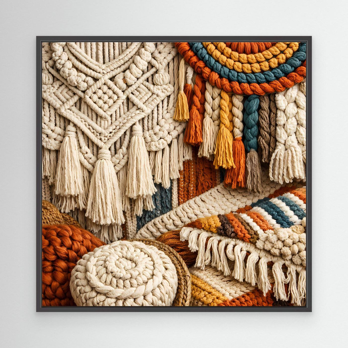 Makramee-Wandbild mit schwarzem Rahmen, geknüpftem Wandteppich und Fransen