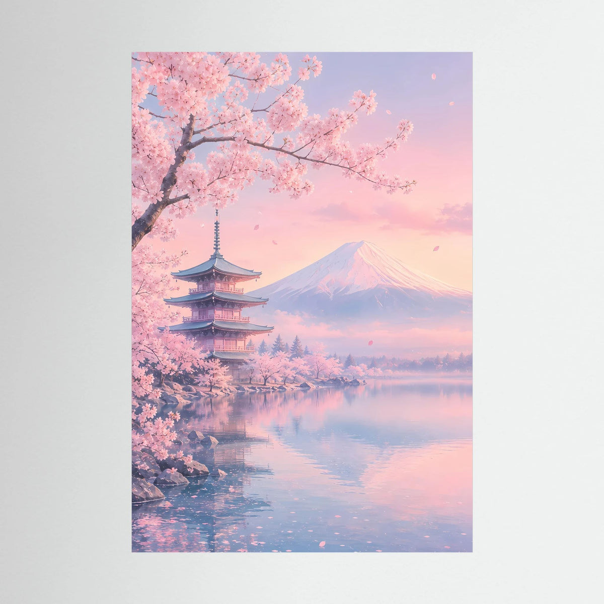 Poster im Hochformat mit Kirschblüten, Fuji und Pagode in Pastellrosa