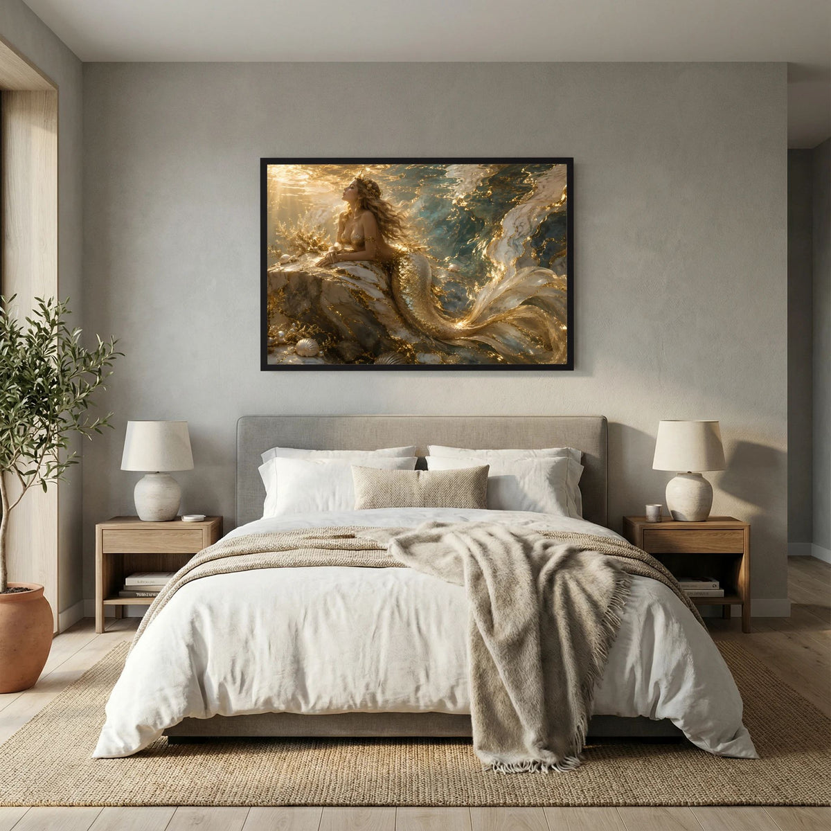 Gerahmtes Meerjungfrau-Wandbild, schwarzer Rahmen, goldene Flossen im Meer