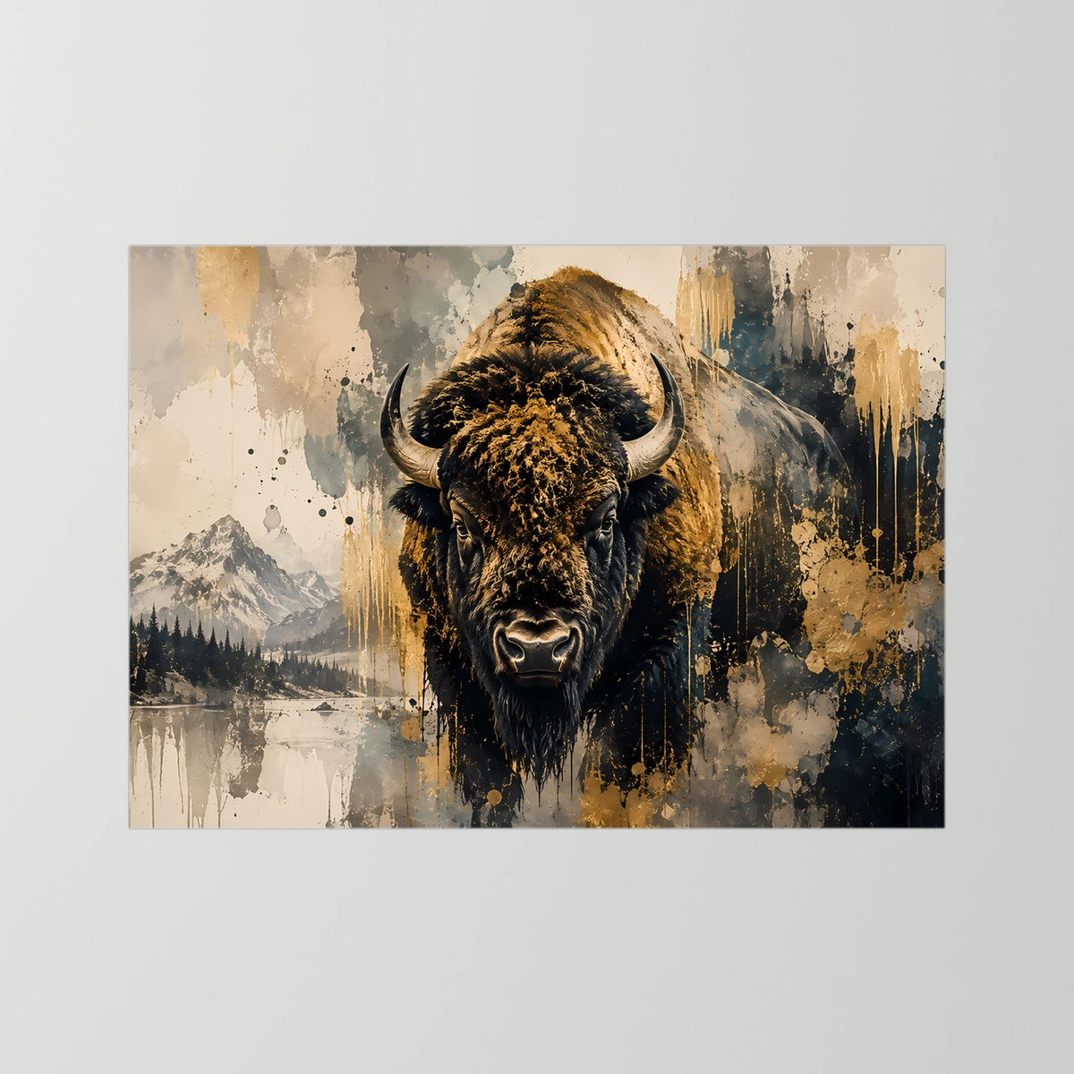 Abstraktes Bison-Poster in Schwarz-Gold, ohne sichtbaren Rahmen