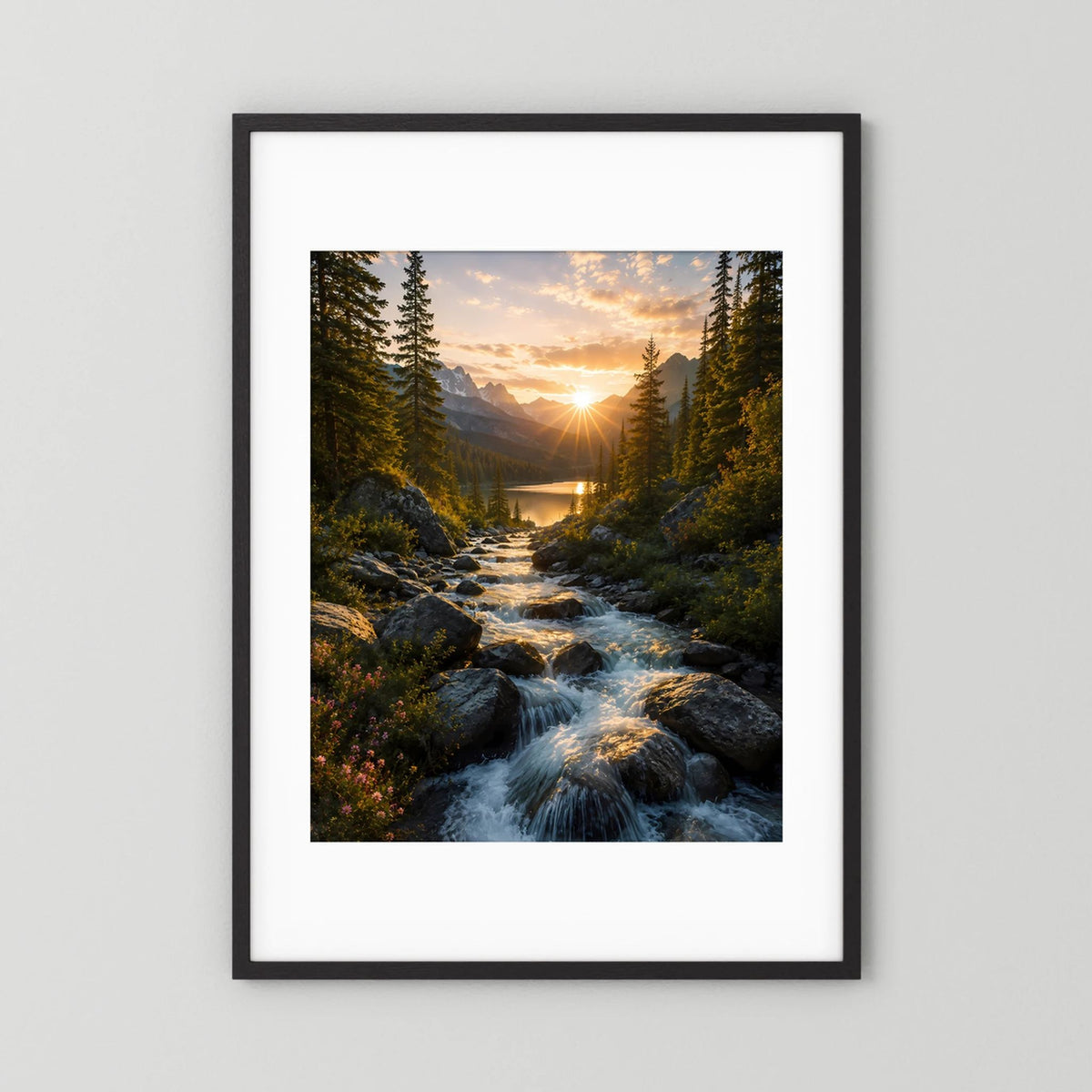 Hochformat-Poster im schwarzen Rahmen mit weißem Passepartout: Bach und Tannen im Sonnenlicht.
