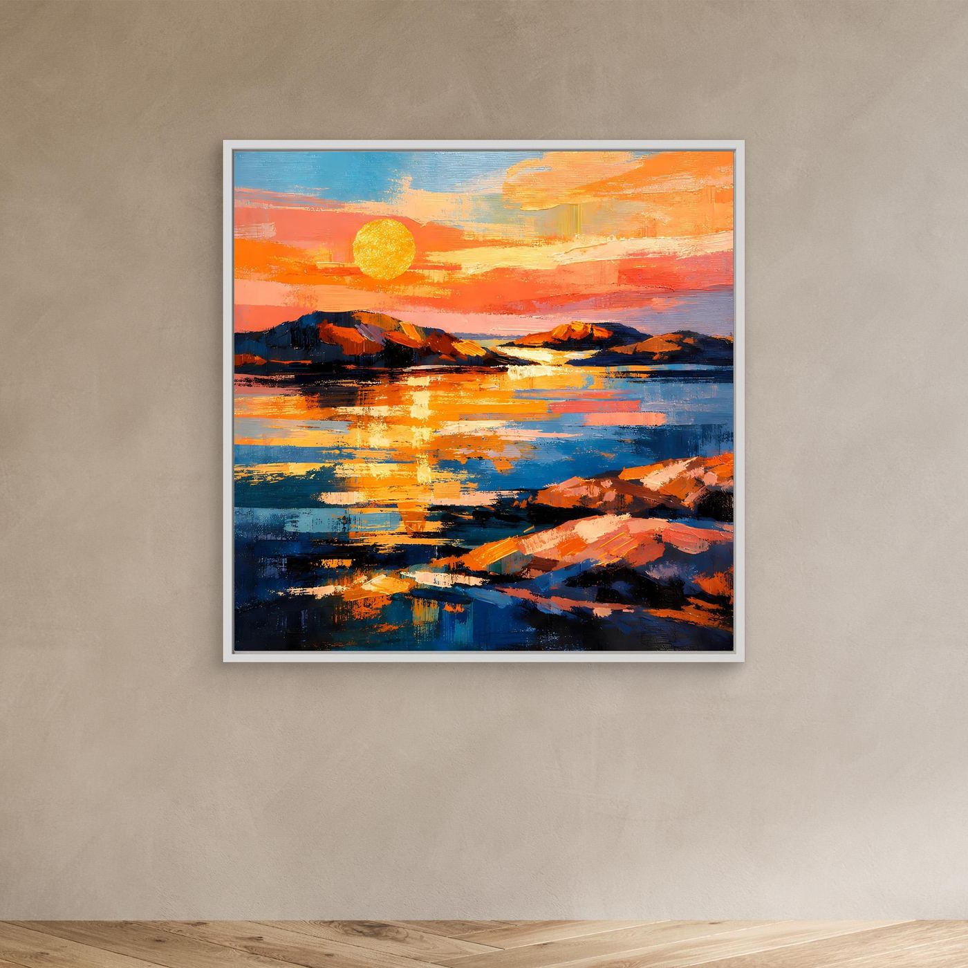 Abstraktes Leinwandbild mit Sonnenuntergang über dem Meer, weißer Rahmen