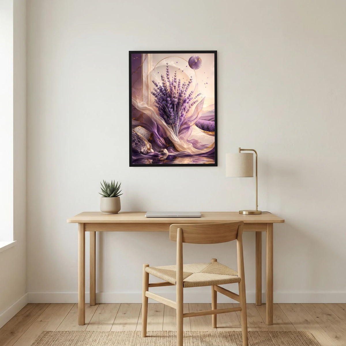 Hochformat-Poster mit violettem Lavendel in Pastelllandschaft, schwebende Kugeln, schwarz gerahmt