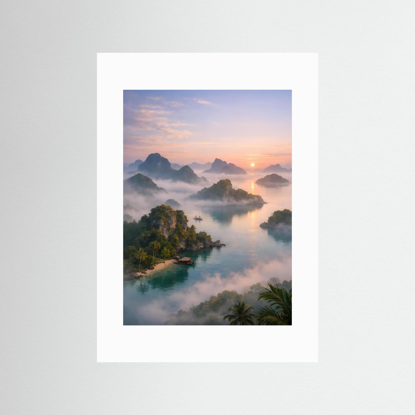 Alpenlandschaft-Poster mit Fluss, Nebel und Sonnenaufgang, mit weißem Rand