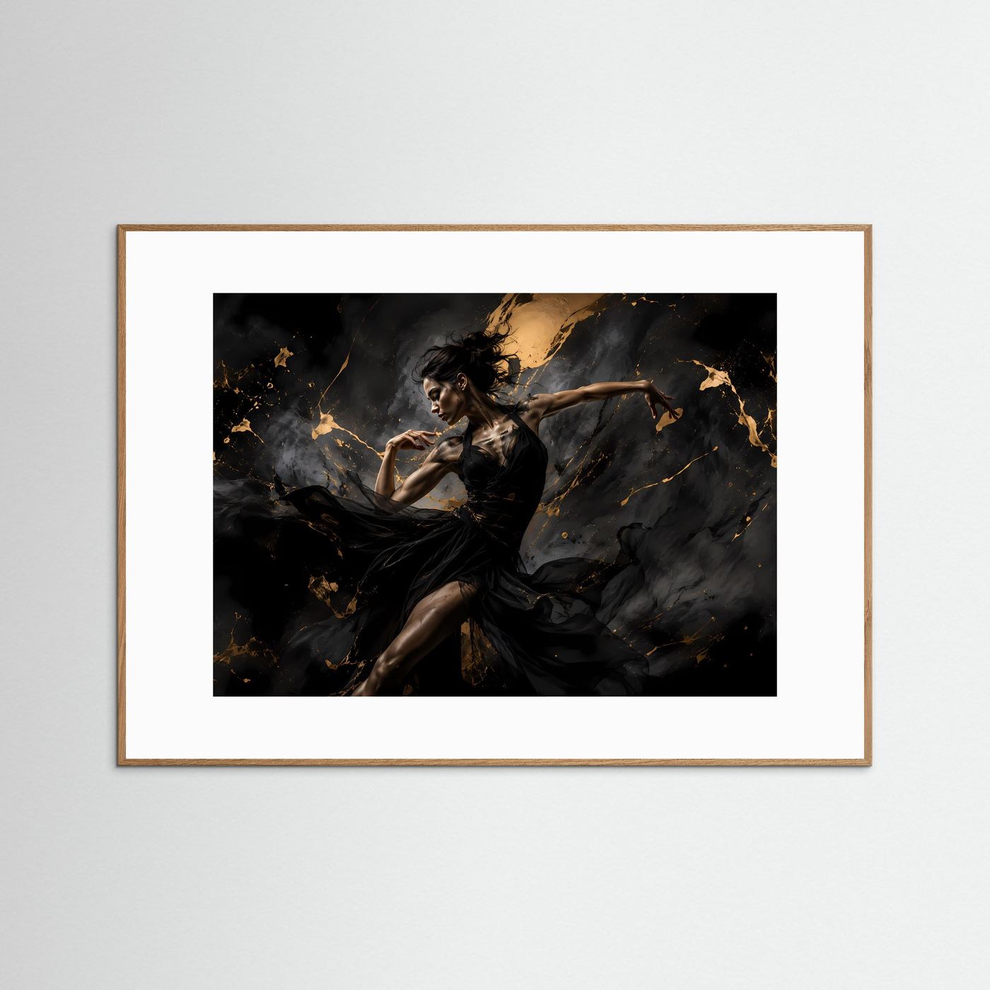 Elegante Tänzerin in Schwarz & Gold | Abstraktes Kunstposter im Querformat | Modernes Wandbild mit Goldakzenten