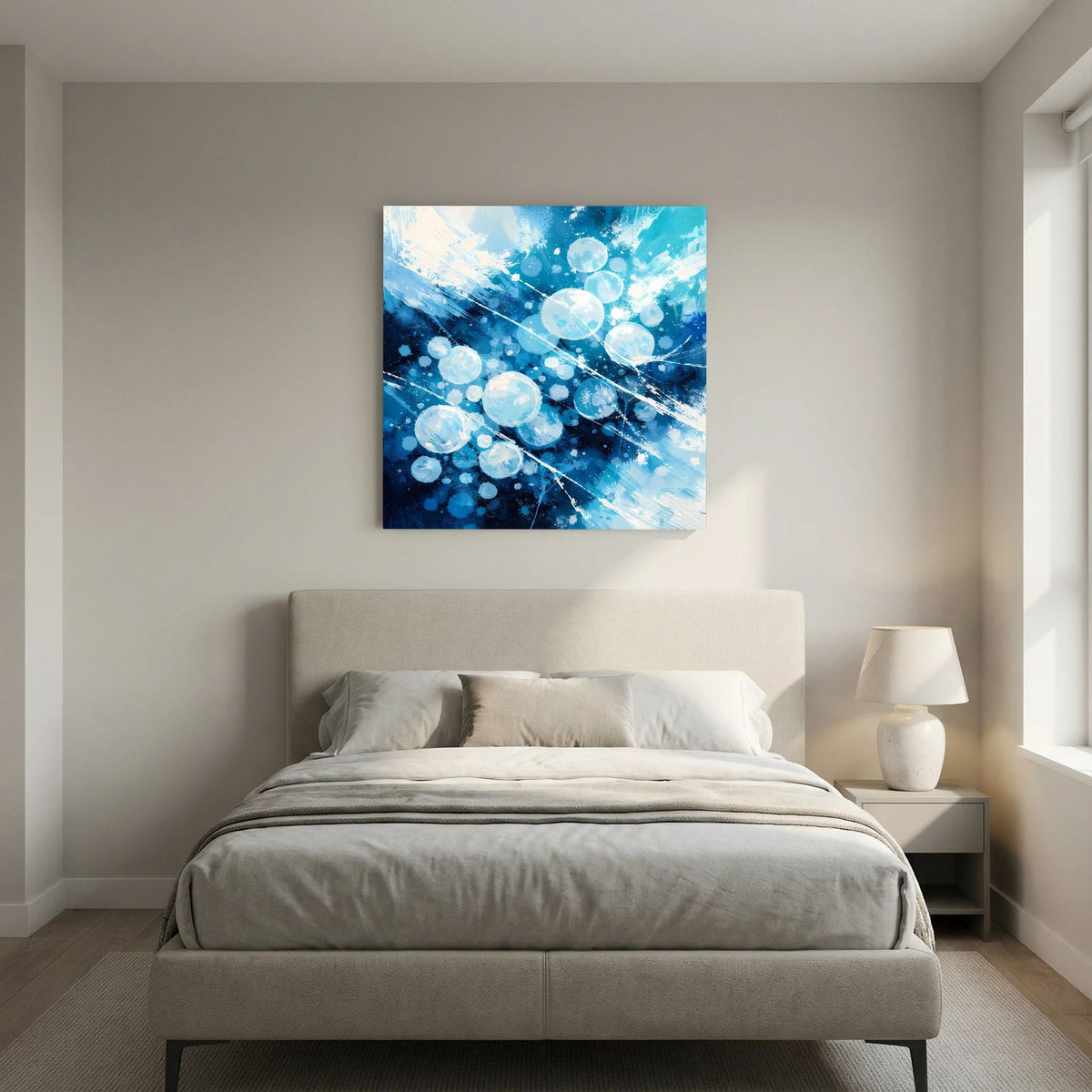 Quadratisches Leinwand-Wandbild mit blauen Eisblasen und weißen, runden Lichtpunkten.