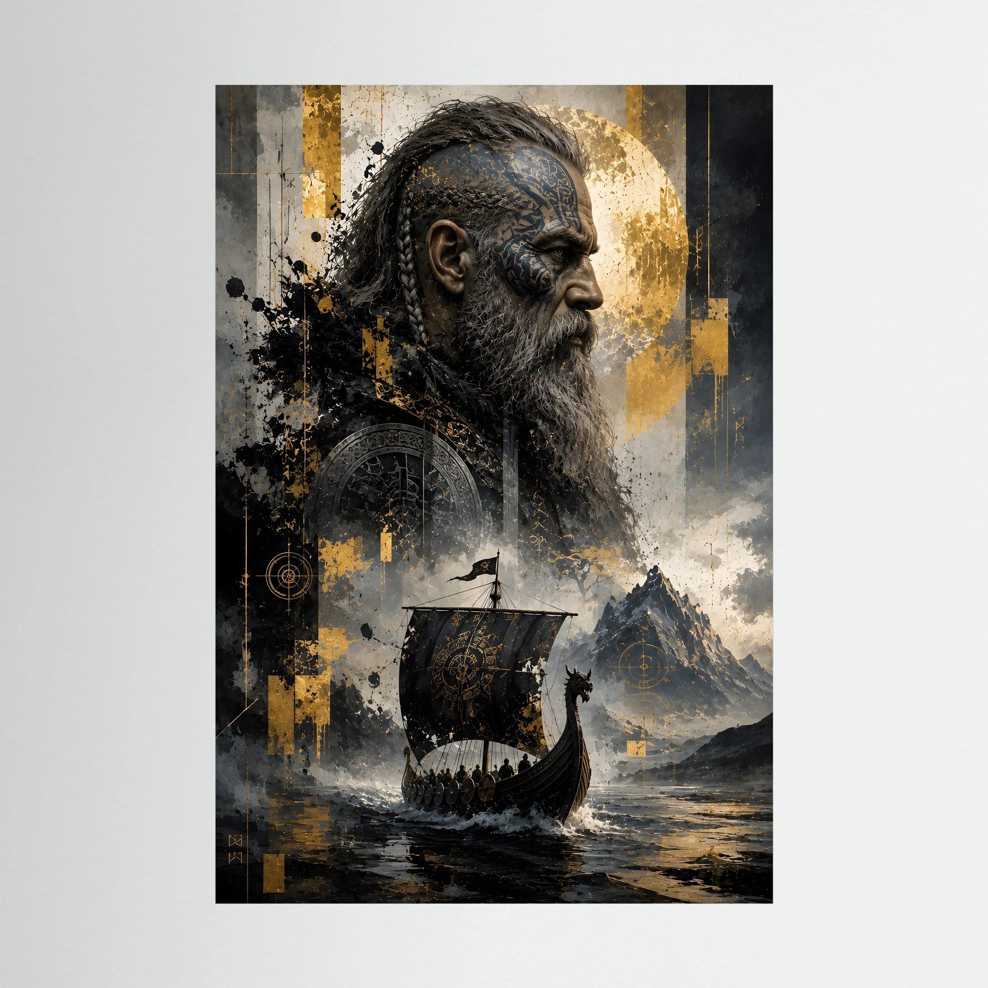 Kunstposter mit Wikingerkrieger im Profil, Wikingerschiff und gold-schwarzer Grafik