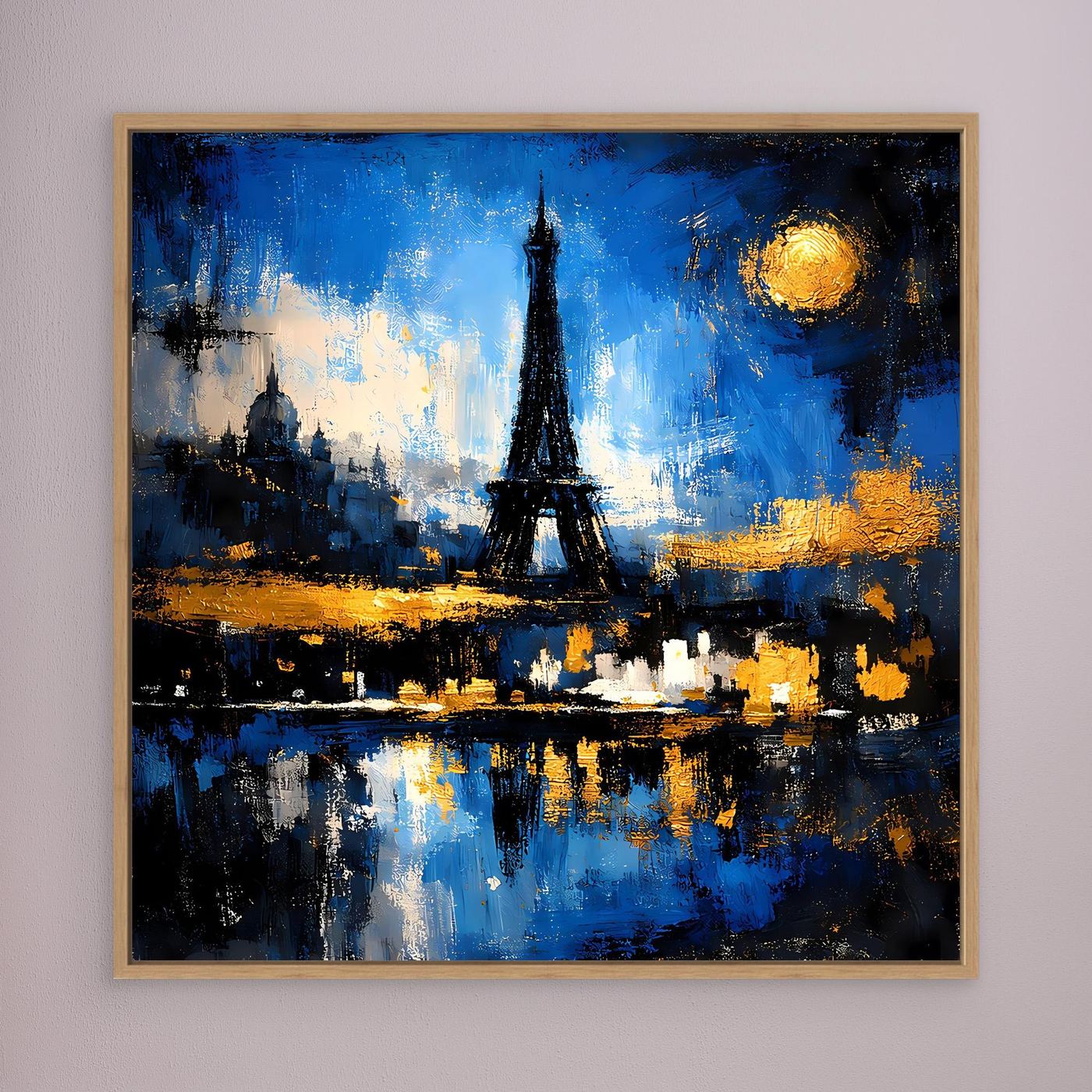 Leinwand-Wandbild mit Eiffelturm-Silhouette, blauem Himmel, rundem Mond, Holzrahmen