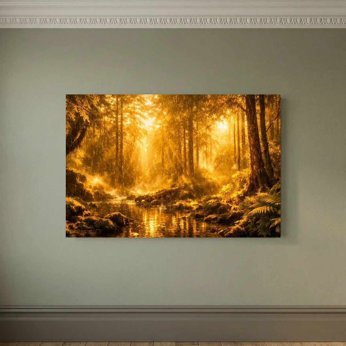 Wandbild mit Fluss im Urwald, leuchtendes Sonnenlicht zwischen hohen Bäumen, quer