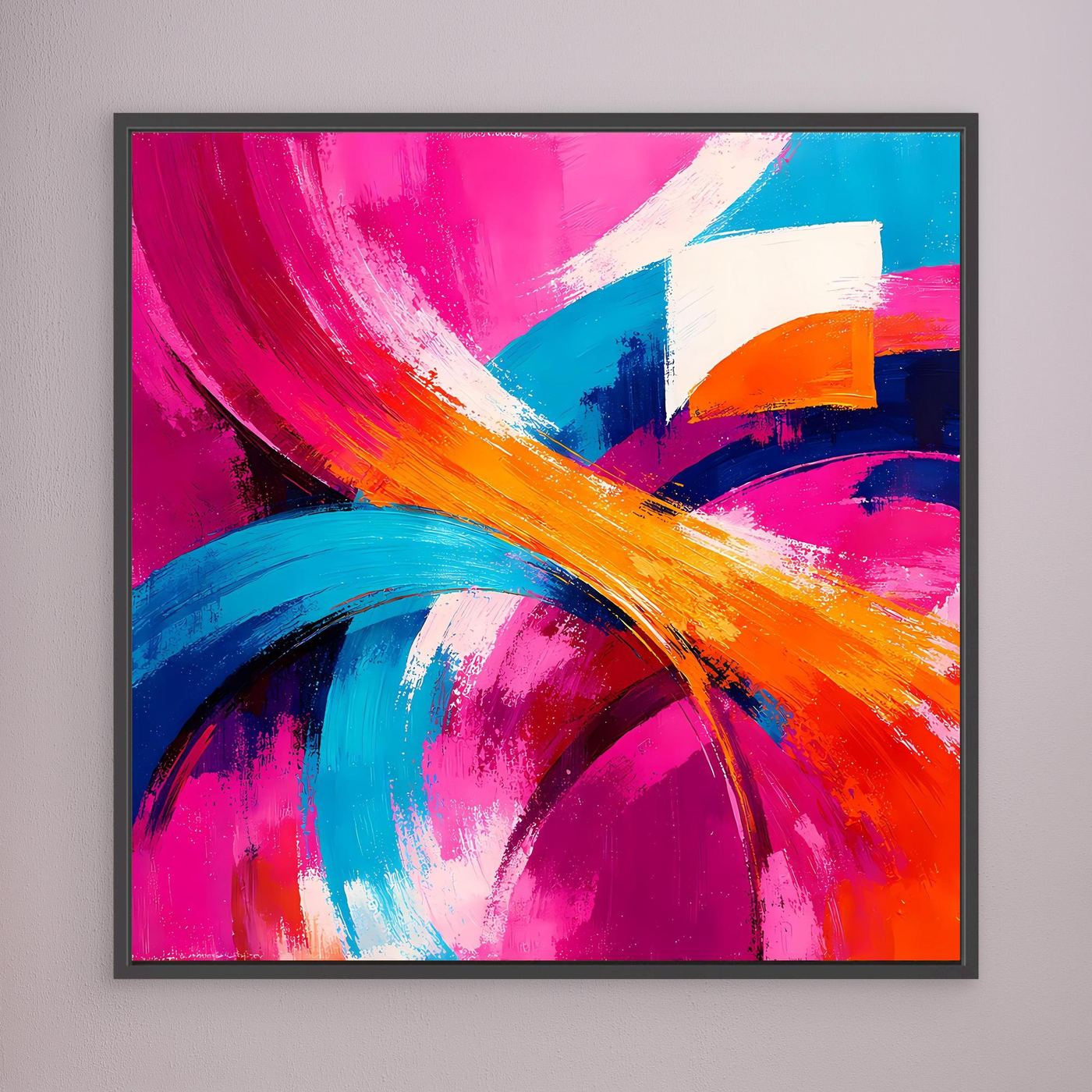 Quadratisches Wandbild: magenta, blau, orange, diagonaler Strich, schwarzer Rahmen