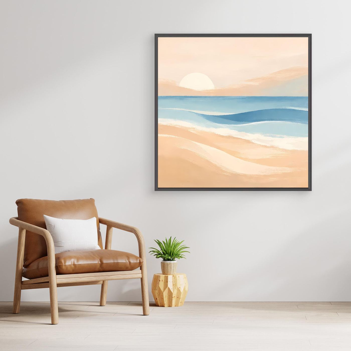 Leinwandbild Strand-Sonnenuntergang, abstraktes Meer in Pastellfarben mit schwarzem Rahmen
