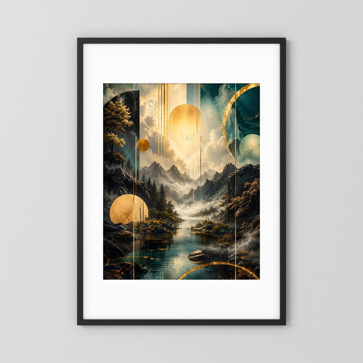 Poster im Hochformat mit schwarzem Rahmen im weißen Passepartout, Petrol & Gold.