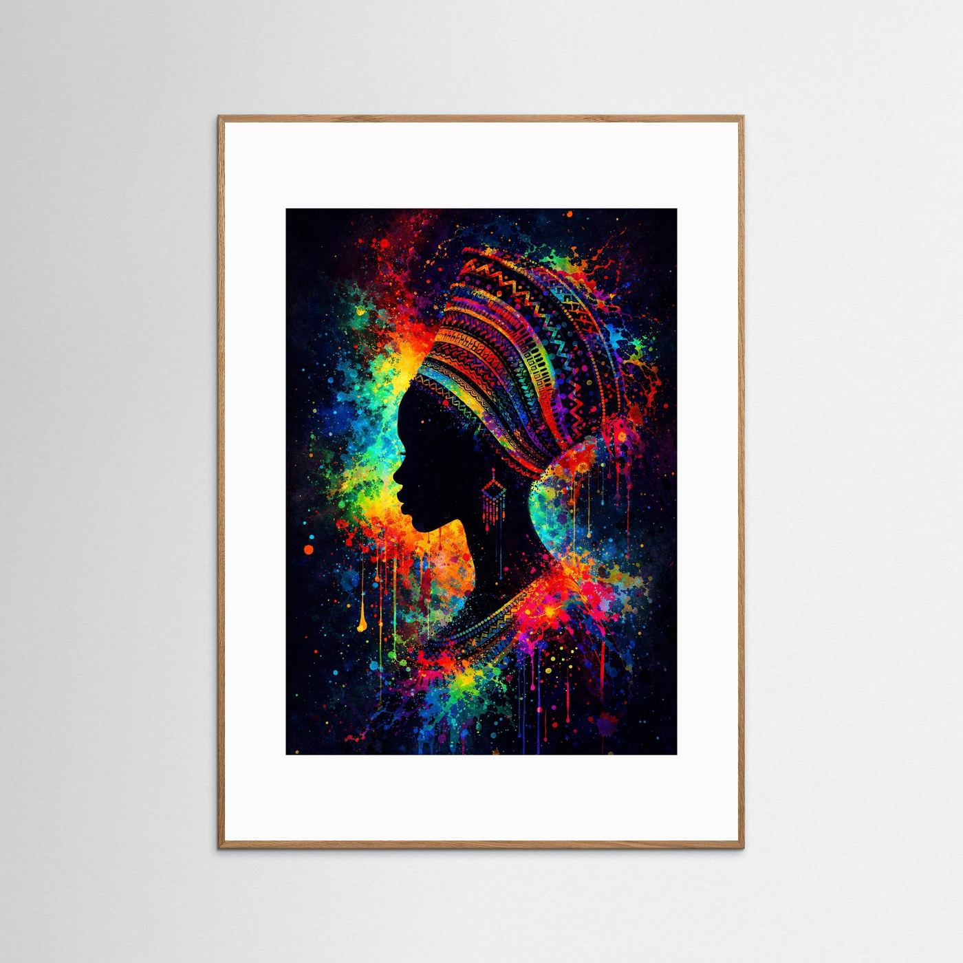 Poster mit Silhouette einer Frau und Kopfschmuck, Neon-Spritzer, brauner Holzrahmen
