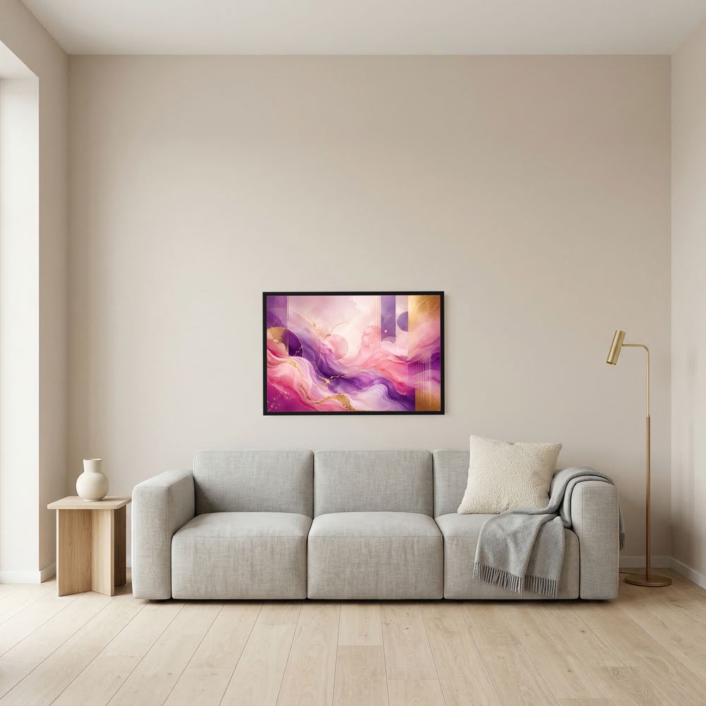 Kleines gerahmtes Poster mit abstrakten Wellen in Pastellrosa und Violett, Goldakzenten, beiger Rahmen