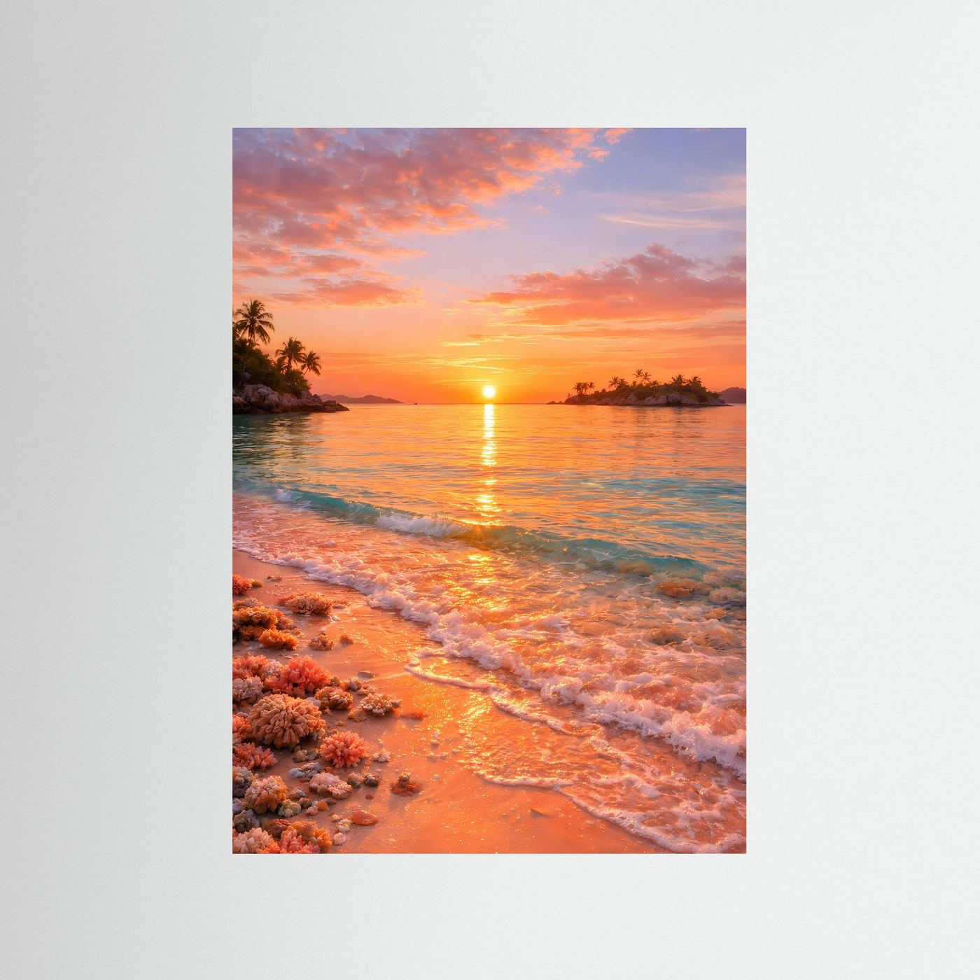 Strandposter im Hochformat: korallenroter Sonnenuntergang am Meer mit Wellen