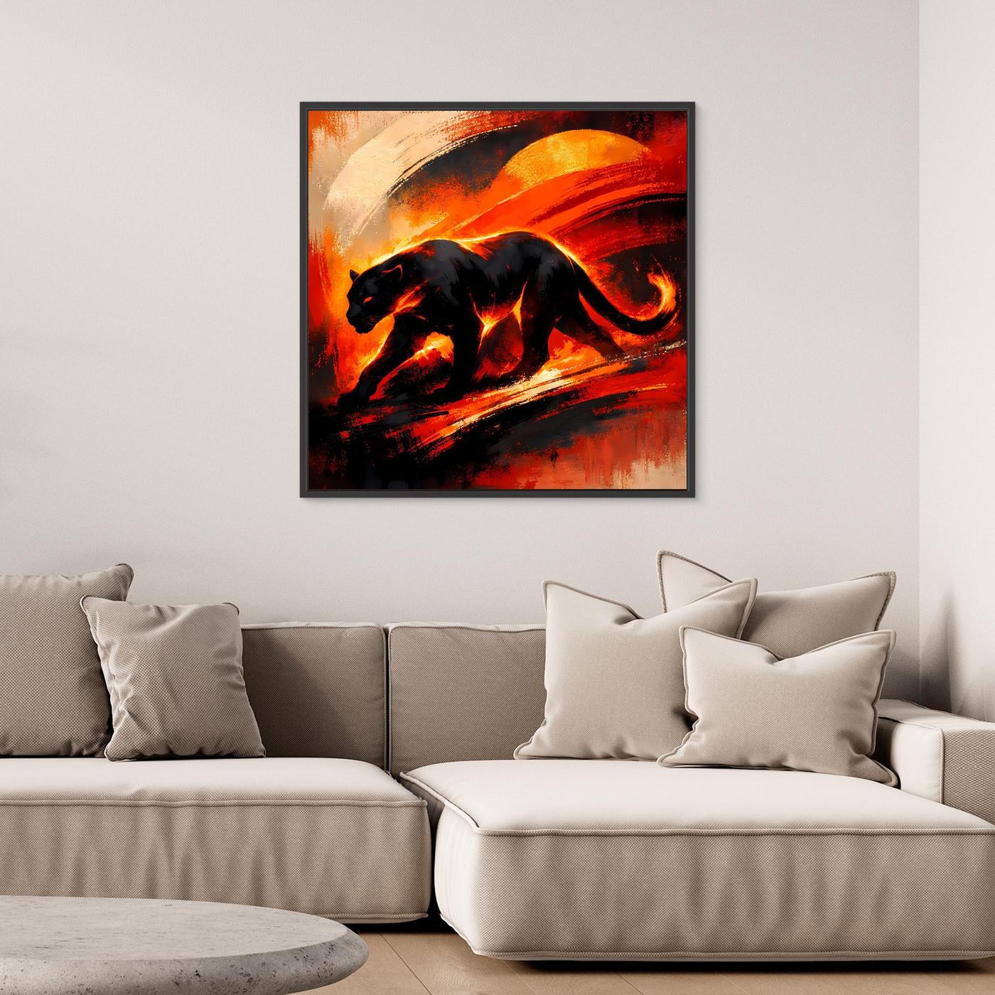 Gerahmtes Leinwandbild: Panther-Silhouette in Feuerrot und Schwarz mit gelb-orangen Lichtern