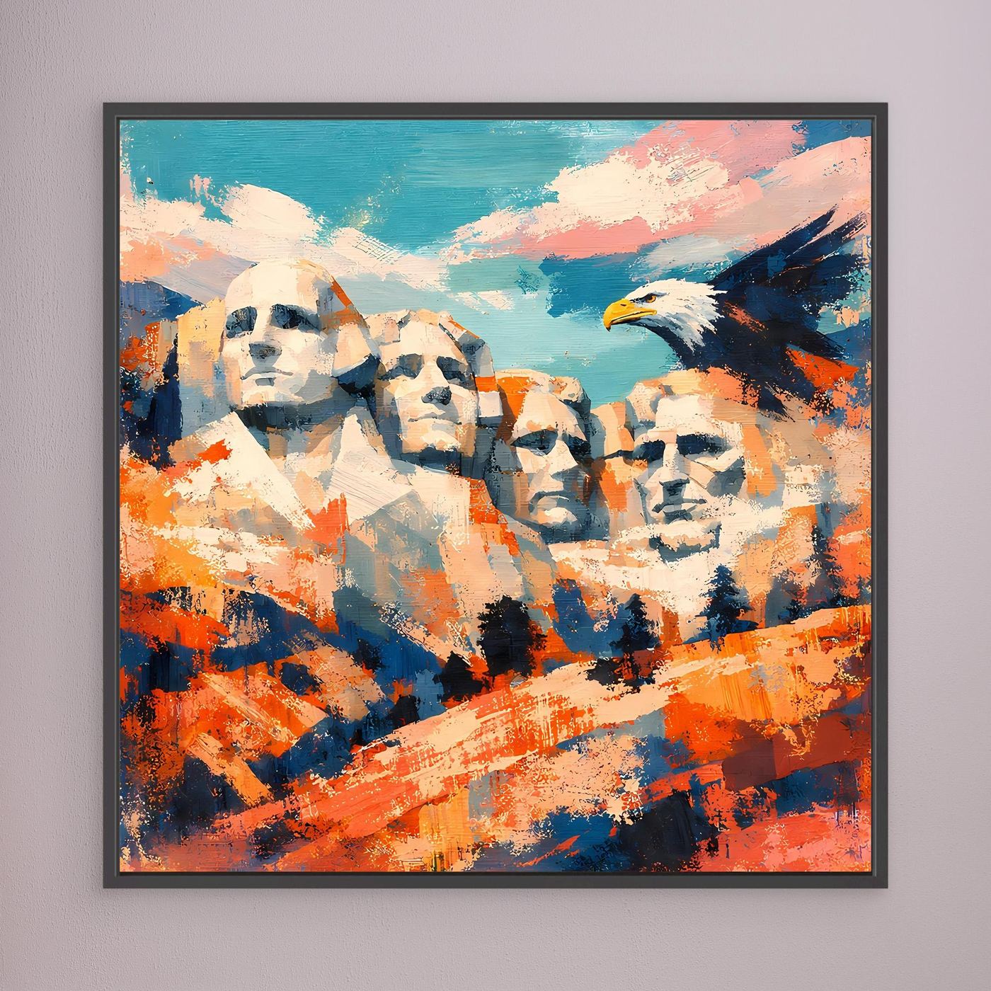 Abstraktes Leinwand-Wandbild mit Mount-Rushmore-Gesichtern und Adler, schwarz gerahmt, bunt