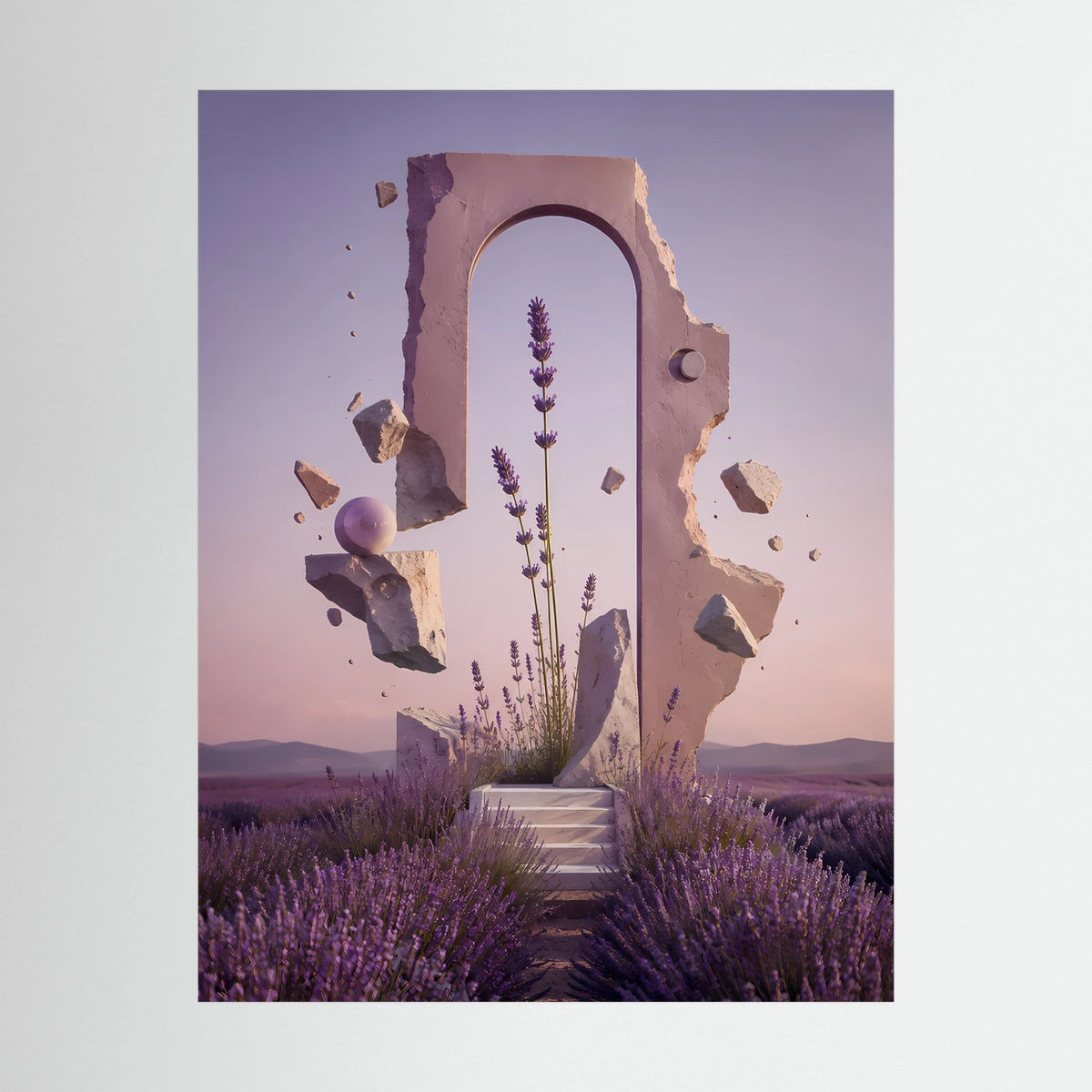 Nahansicht: Hochformat-Poster mit violettem Portal und Lavendelfeld im schwarzen Rahmen