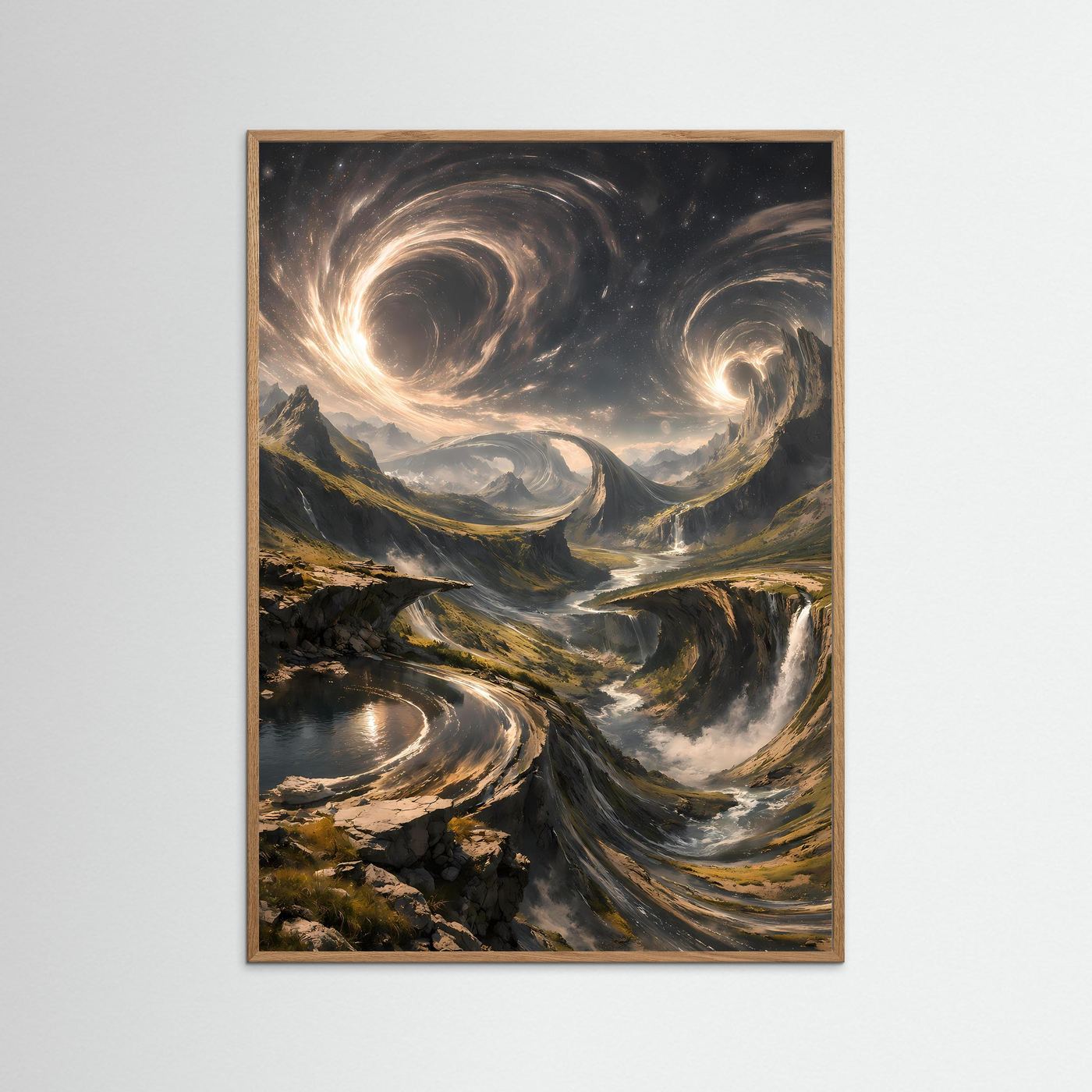 Fantasy-Kunstposter im dunkelbraunen Holzrahmen: goldener Sternenwirbel über Bergtal