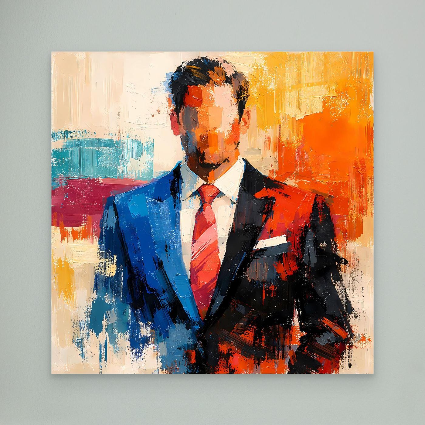 Abstract business wall art: elegant man in blue/black suit with red striped tie