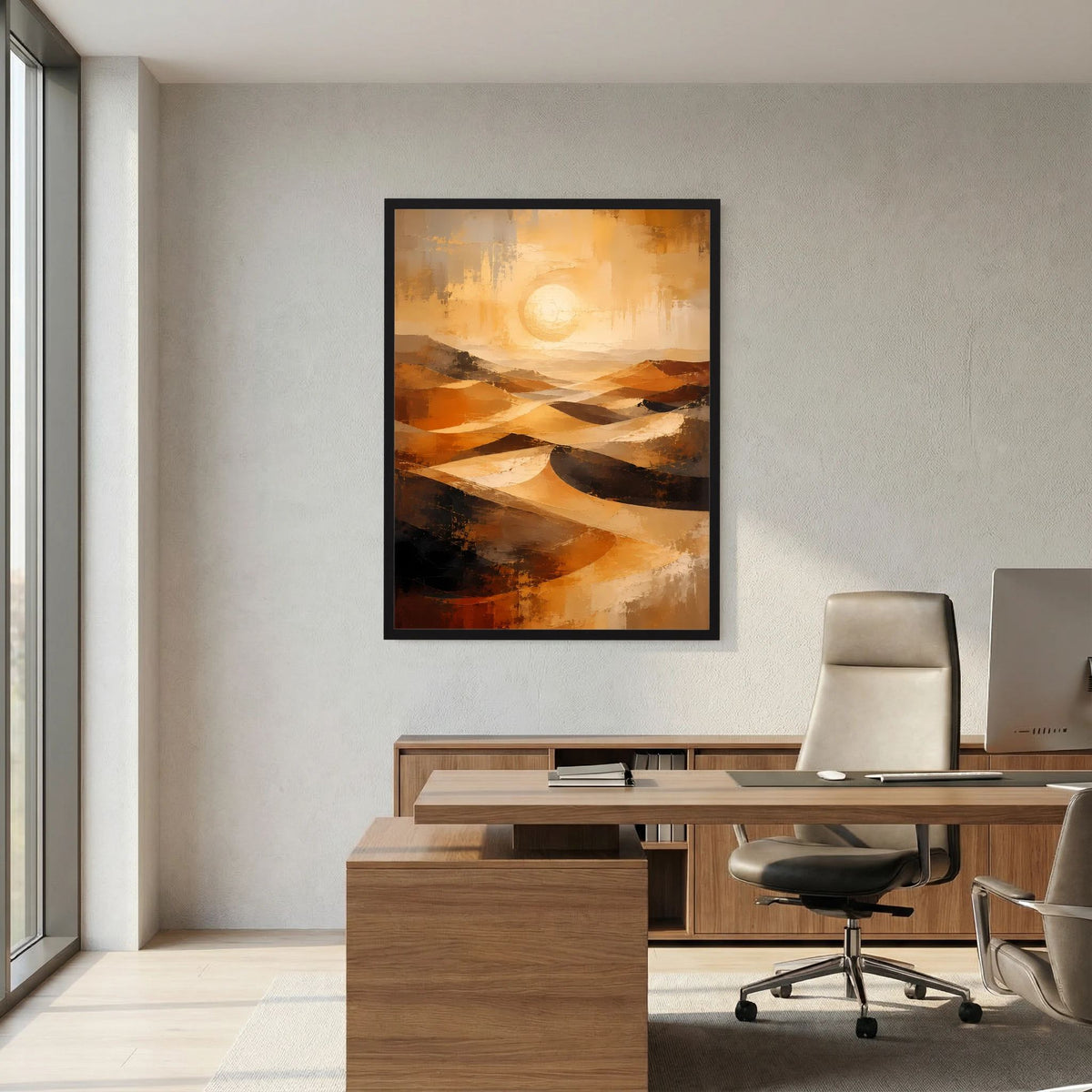 Wandposter im Hochformat mit goldorangenem Dünenmotiv, kontrastreiche Pinselstrukturen und Sonne