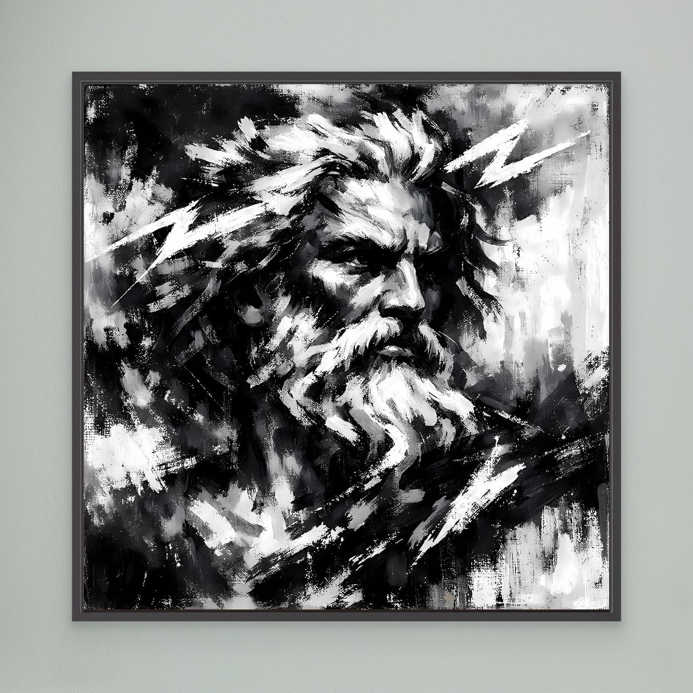 Square black-and-white abstract portrait wall art with bearded figure and lightning strokes, black frame