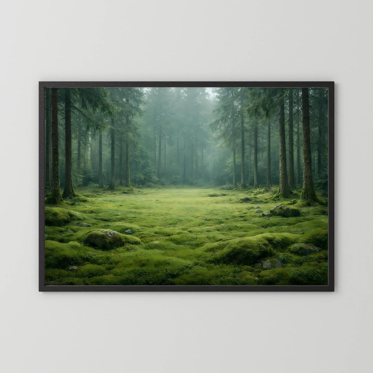Wandbild mit schwarzem Rahmen und Waldlichtung, grünem Moos im Nebel