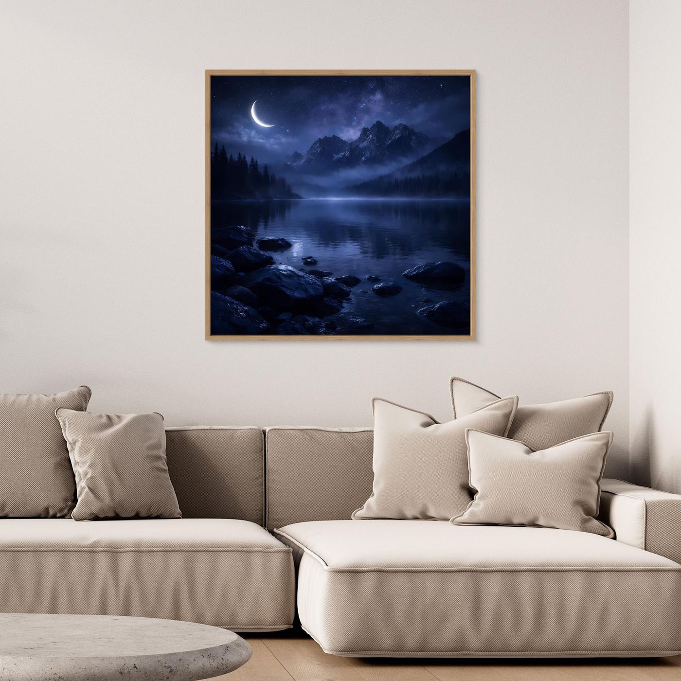Leinwandbild Nachtlandschaft mit Mond über Bergsee, brauner Holzrahmen