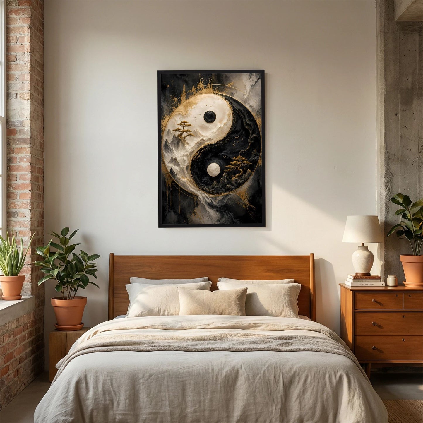 Vertikales Poster mit Yin-Yang-Motiv im schwarzen Rahmen, Schwarz und Gold, Berglandschaft