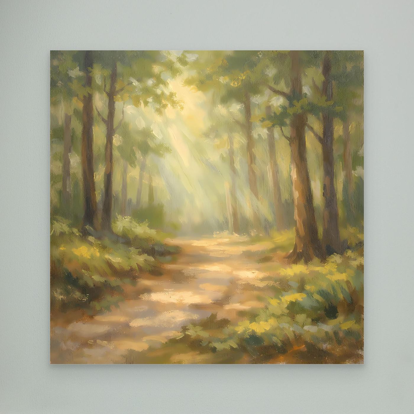 Leinwandbild Waldweg mit warmen Sonnenstrahlen, leichte Schleierwolken