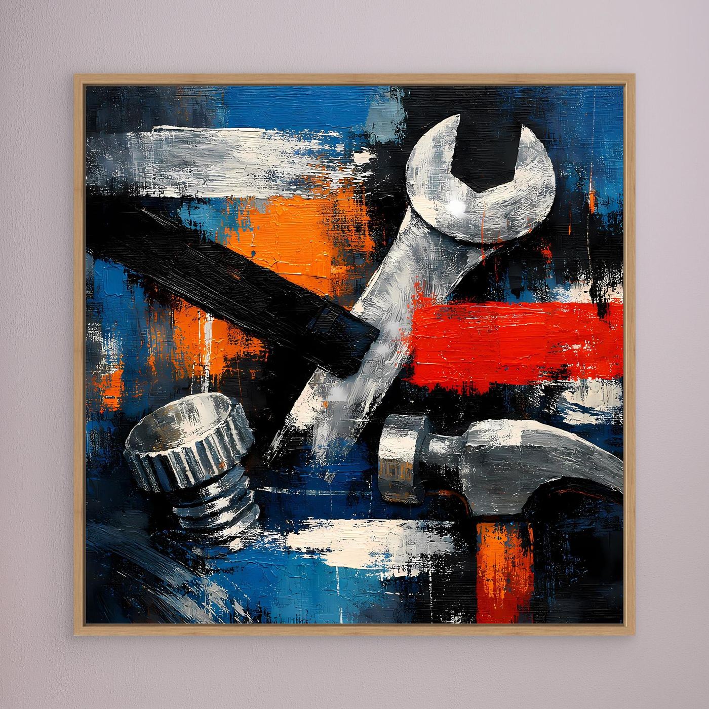 Framed abstract tool wall art canvas with wrench and tools in blue, orange, and red, wood frame.
