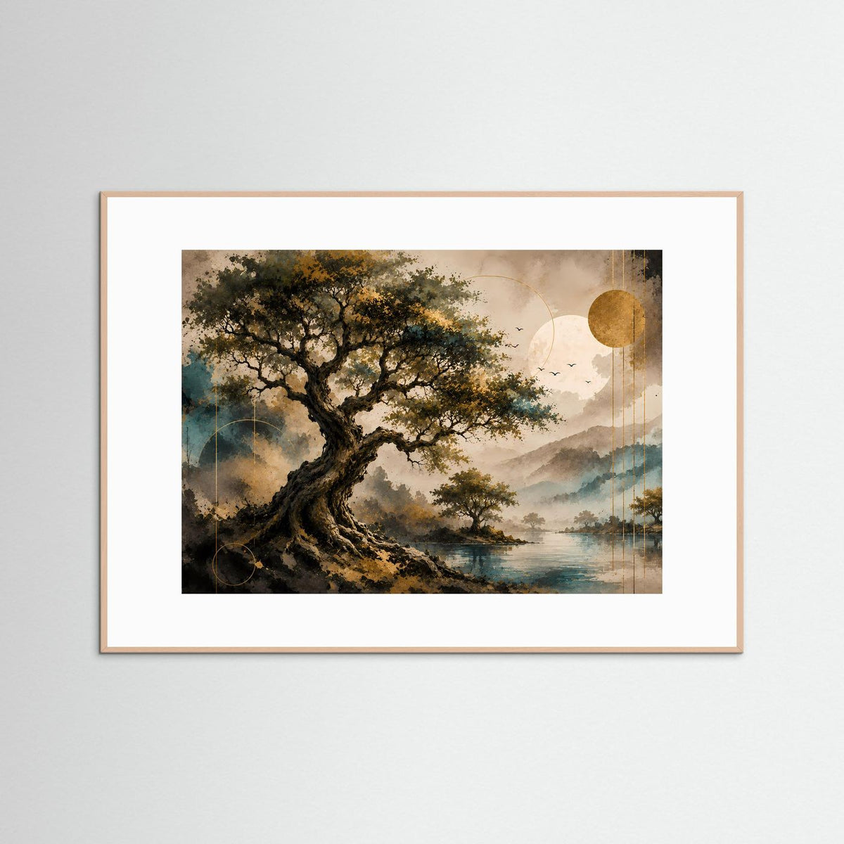 Gerahmtes Poster im Querformat mit Baum an Ufer, goldenen Kreisen und blauen Akzenten