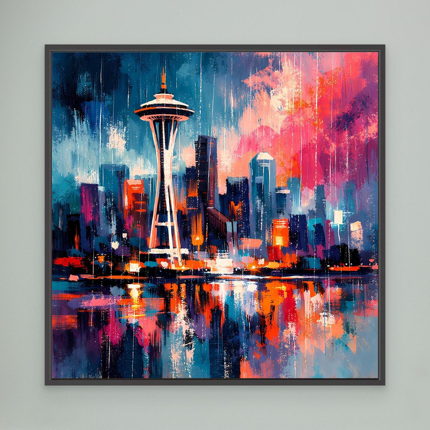 Wandbild mit abstrakter Skyline und Space Needle, schwarzer Rahmen, Spiegelungen im Wasser