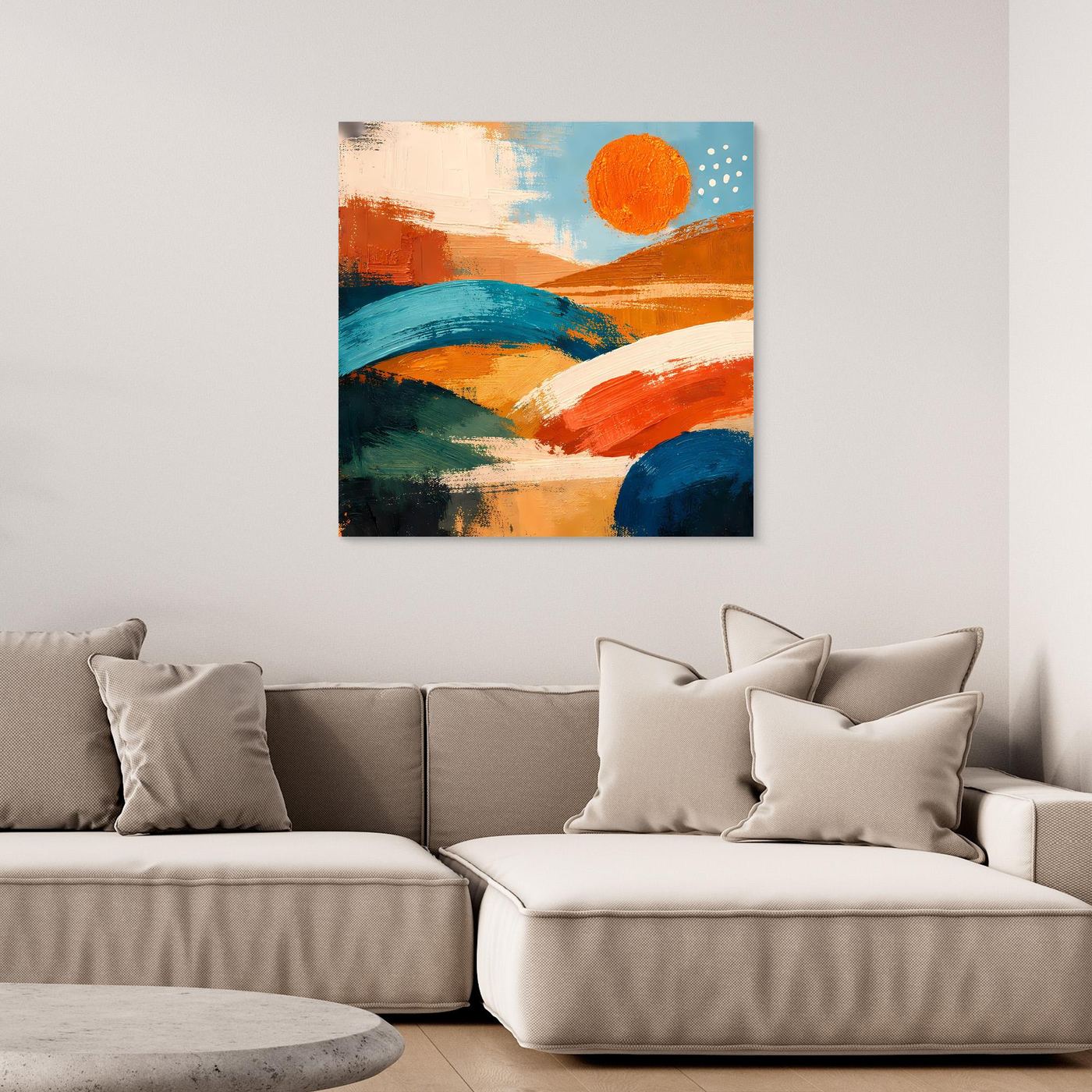 Square abstract landscape wall art with orange sun, blue hills, and orange brushstrokes.