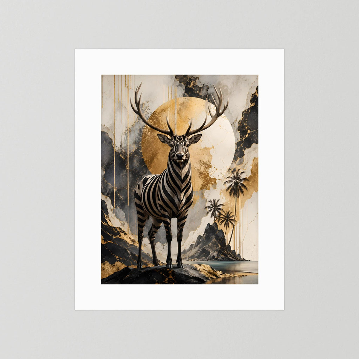 Kunstposter im Hochformat ohne Rahmen: Zebramuster-Hirsch mit goldenen Geweih-Details