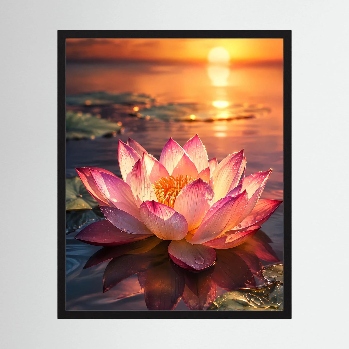 Hochformat-Poster mit rosa Lotusblüte beim Sonnenuntergang im schwarzen Rahmen