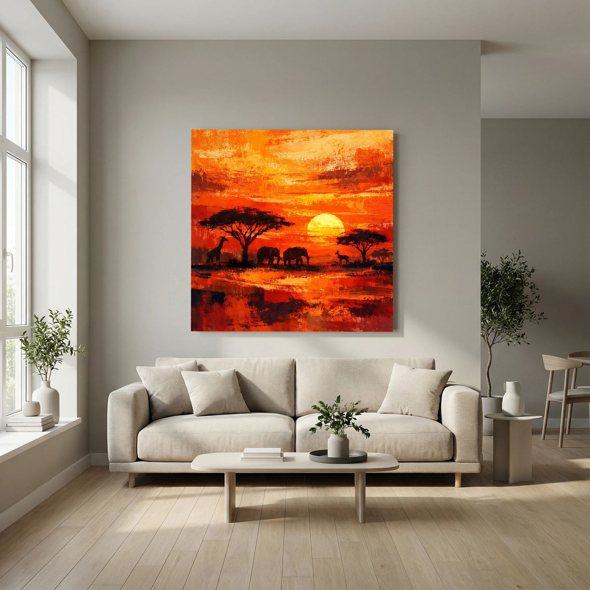 Leinwand-Wandbild: afrikanische Savanne bei Sonnenuntergang, silhouettierte Tiere mit Spiegelung