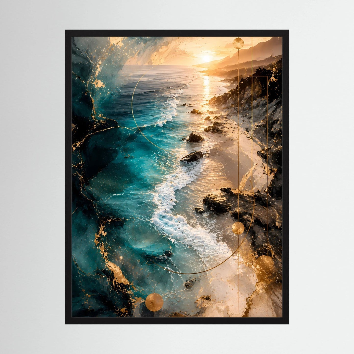 Poster im schwarzen Rahmen mit türkis-goldener Küste und Sonnenaufgang