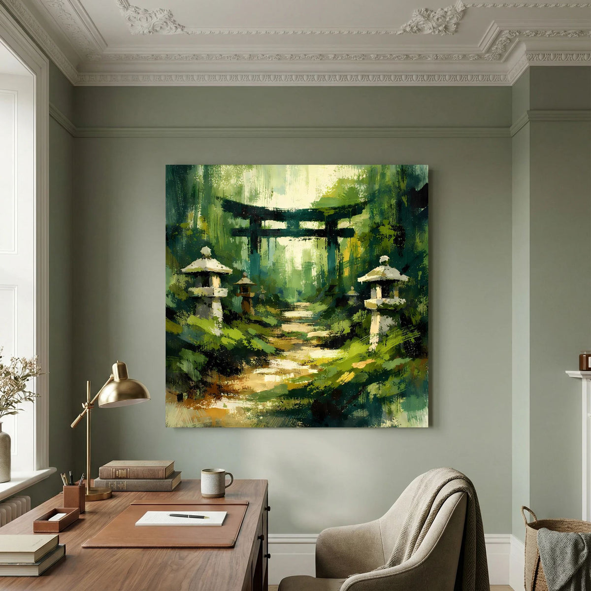 Leinwandbild mit Torii-Tor, Lichtweg und Steinlaternen im grünen Wald