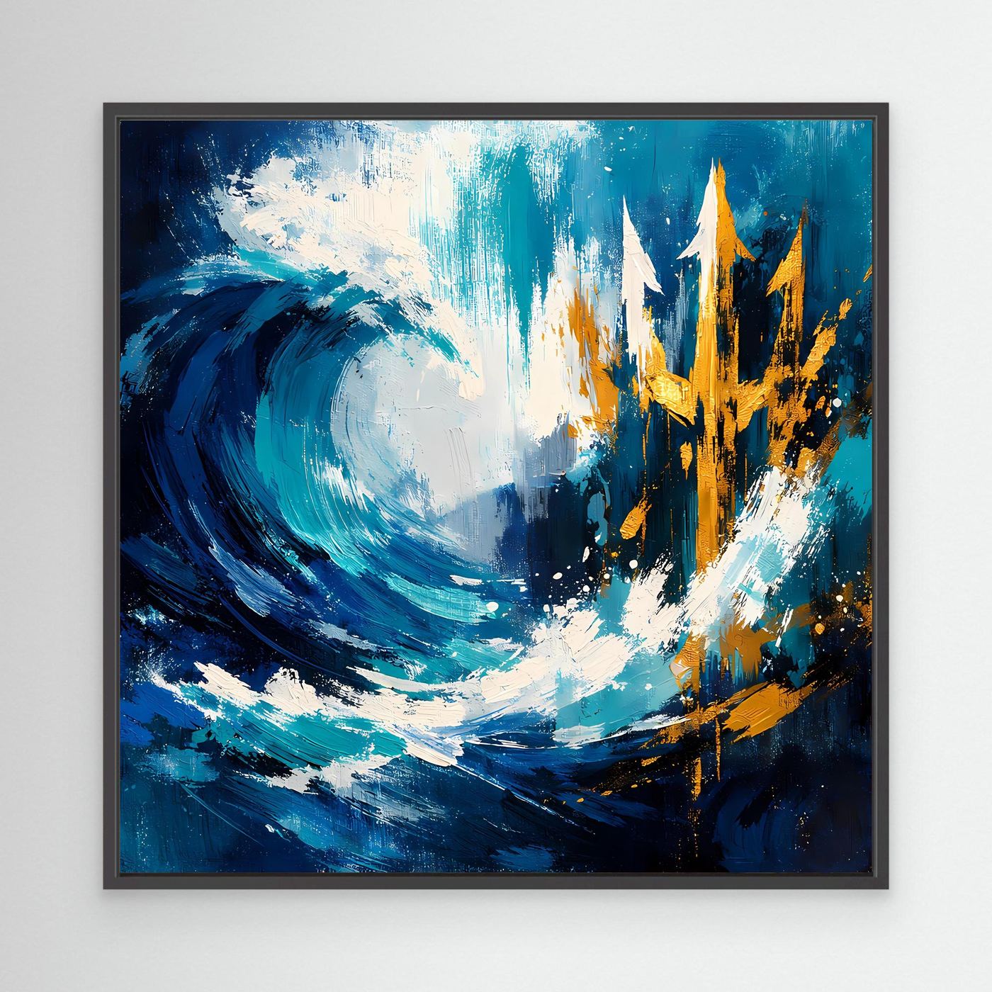 Maritime wall art with blue wave swirl and gold trident in dark frame