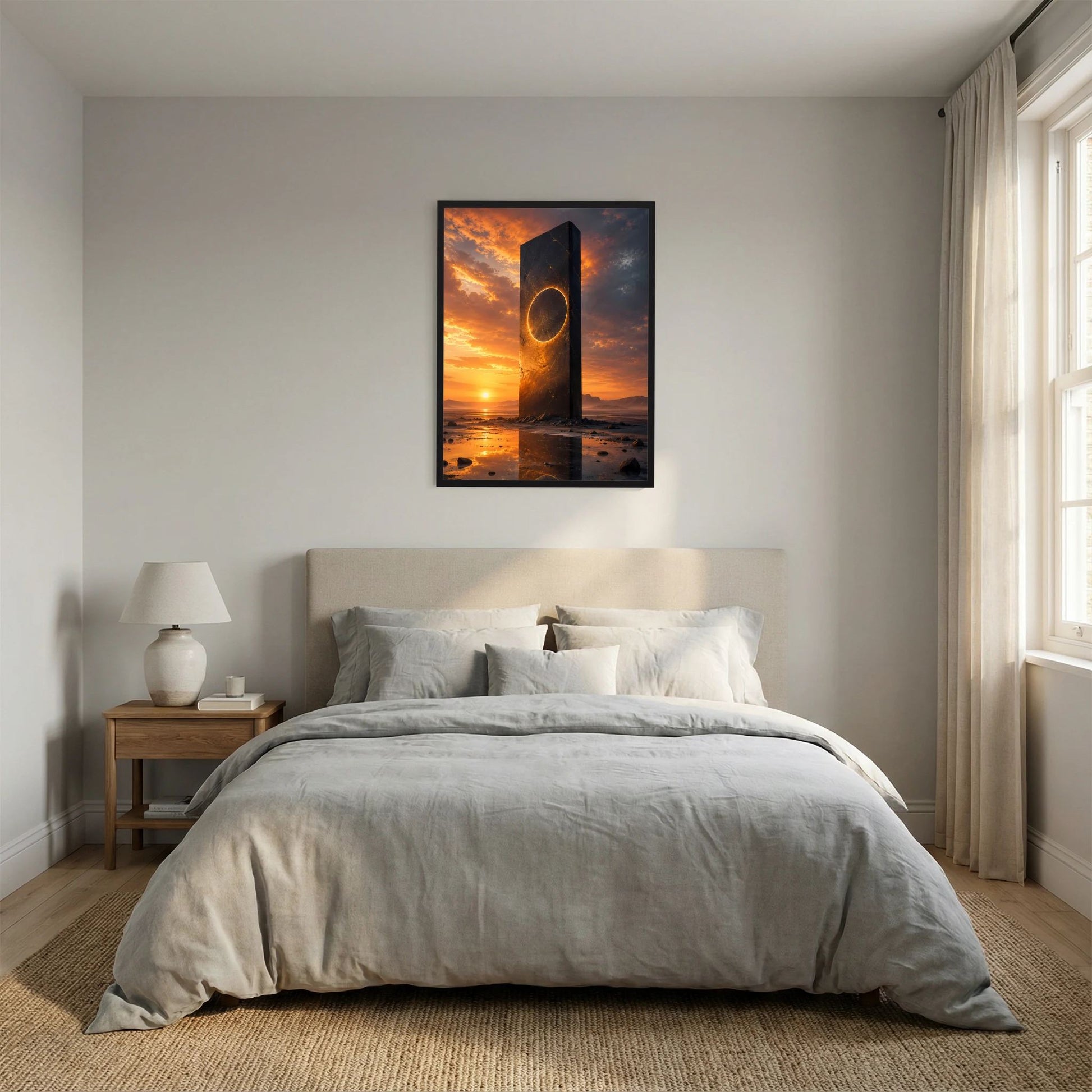 Hochformat-Poster: schwarzer Monolith mit goldener Ringöffnung, Meer und Sonnenuntergang im Hintergrund