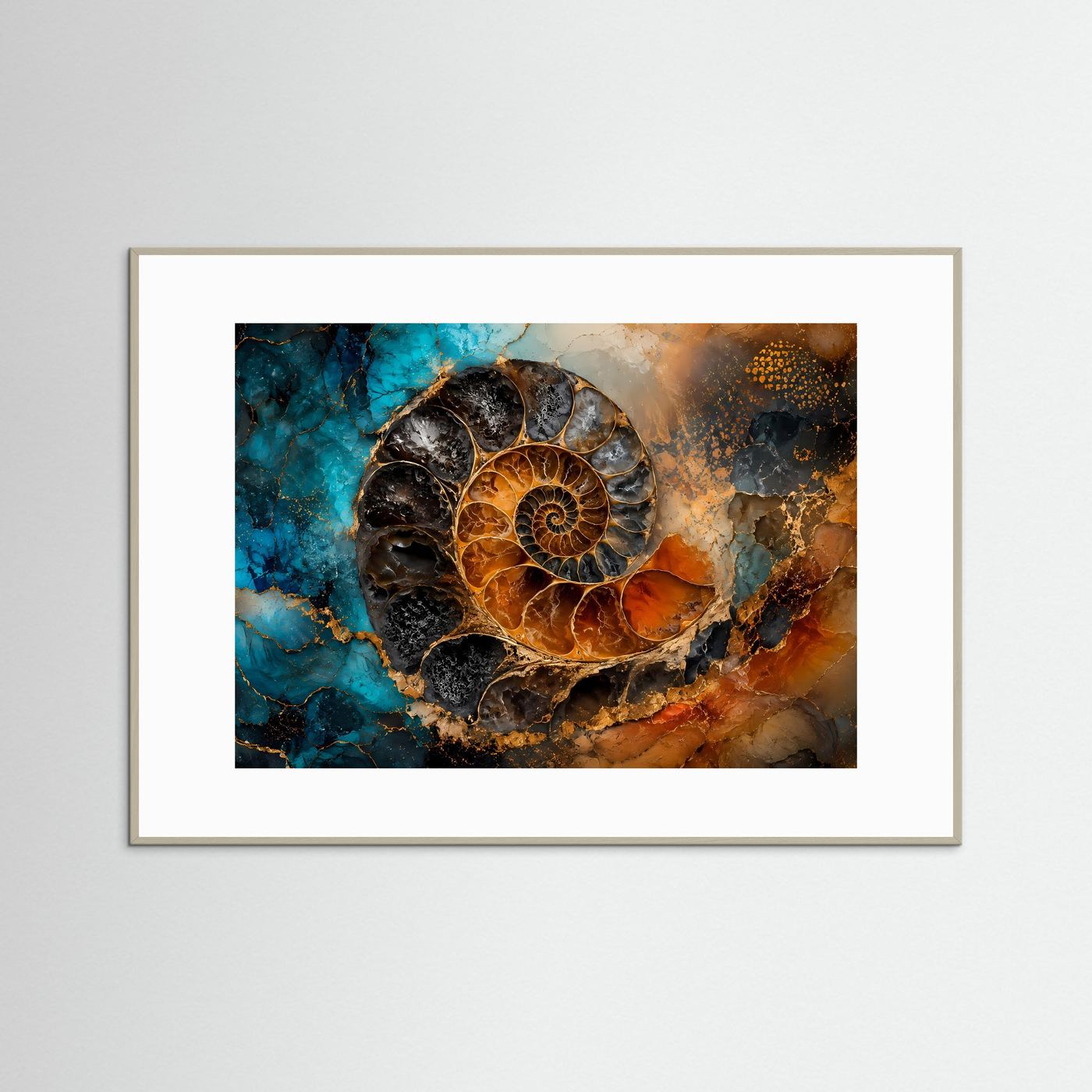 Geometrie der Zeit | Abstraktes Ammonit Fossil Poster mit Gold- und Ozean-Akzenten