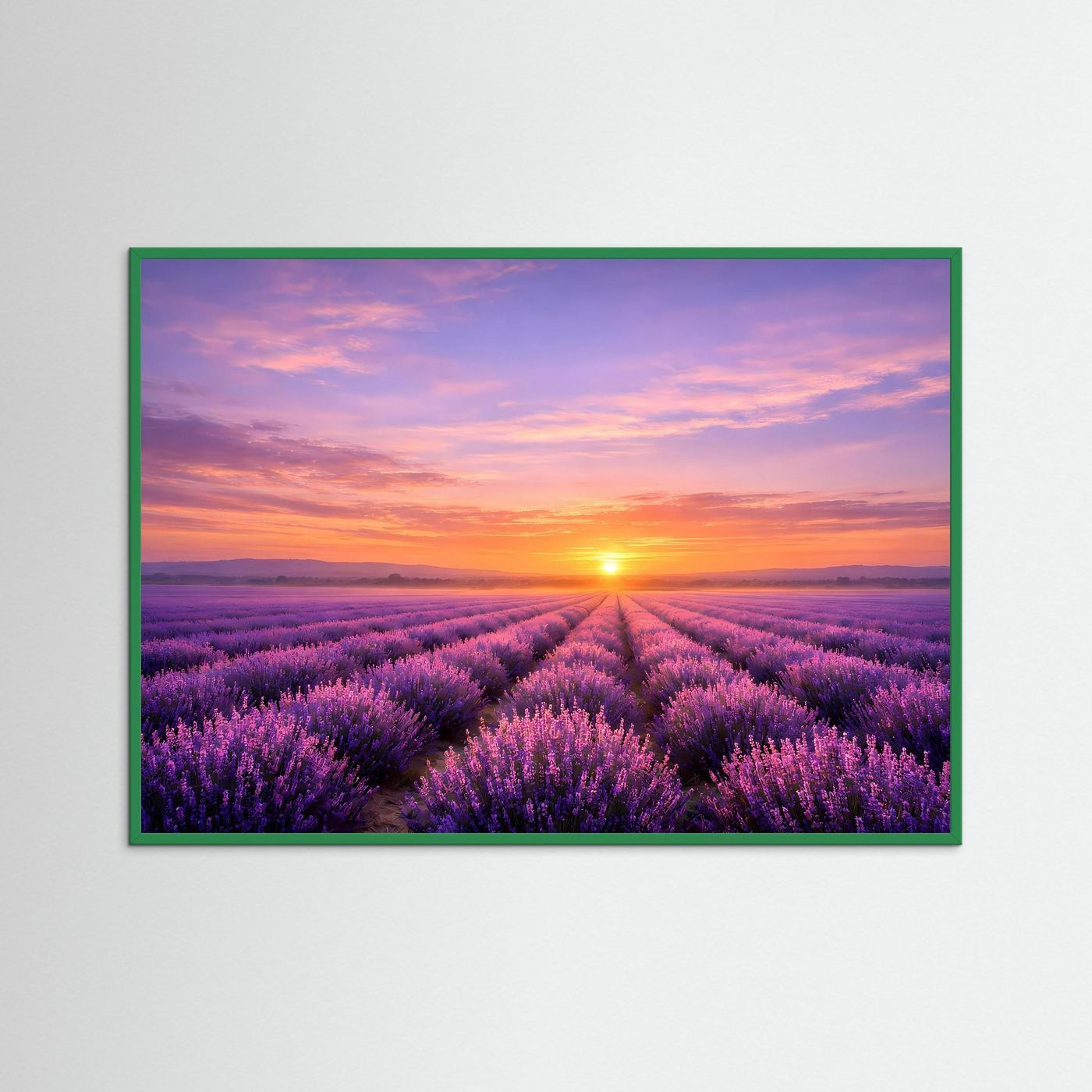 Lavendelfeld-Wandbild mit Sonnenaufgang über Lavendelhainen, grüner Rahmen