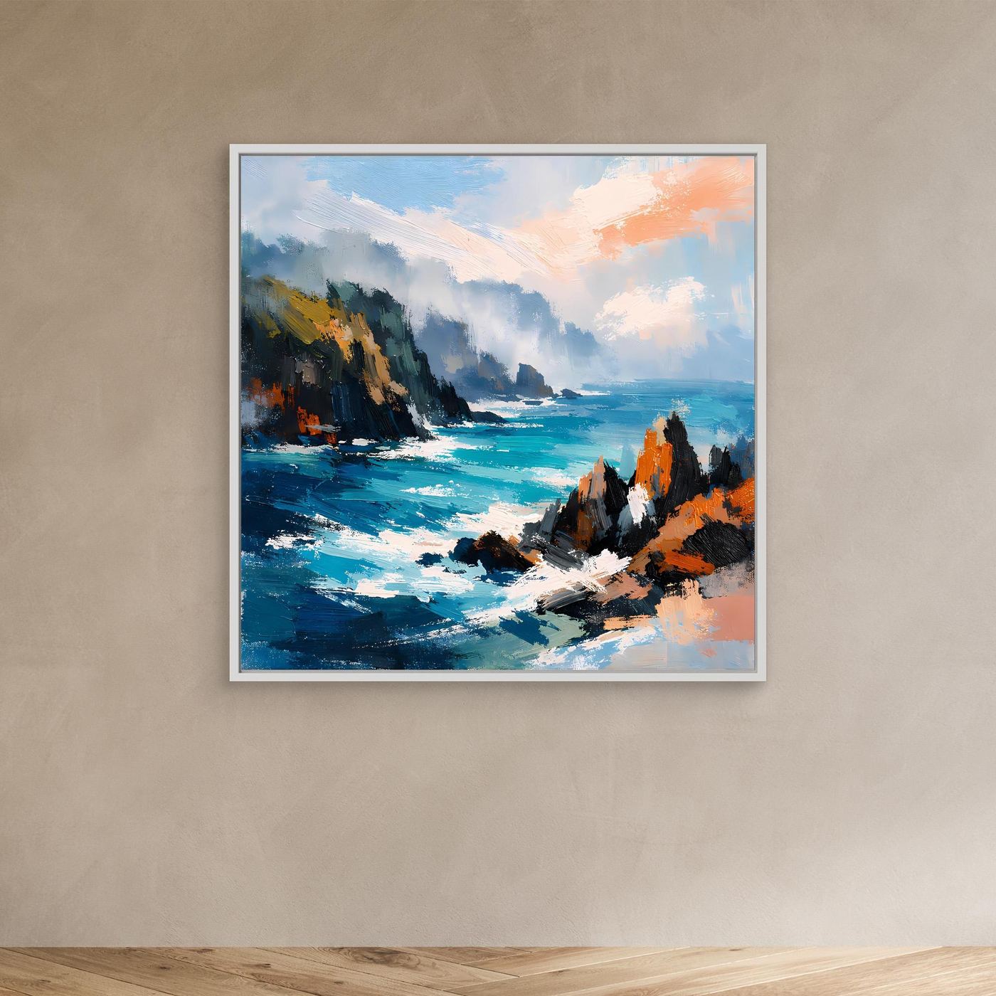 Leinwand-Wandbild mit abstrakter Küste, Meer und Felsen im weißen Rahmen