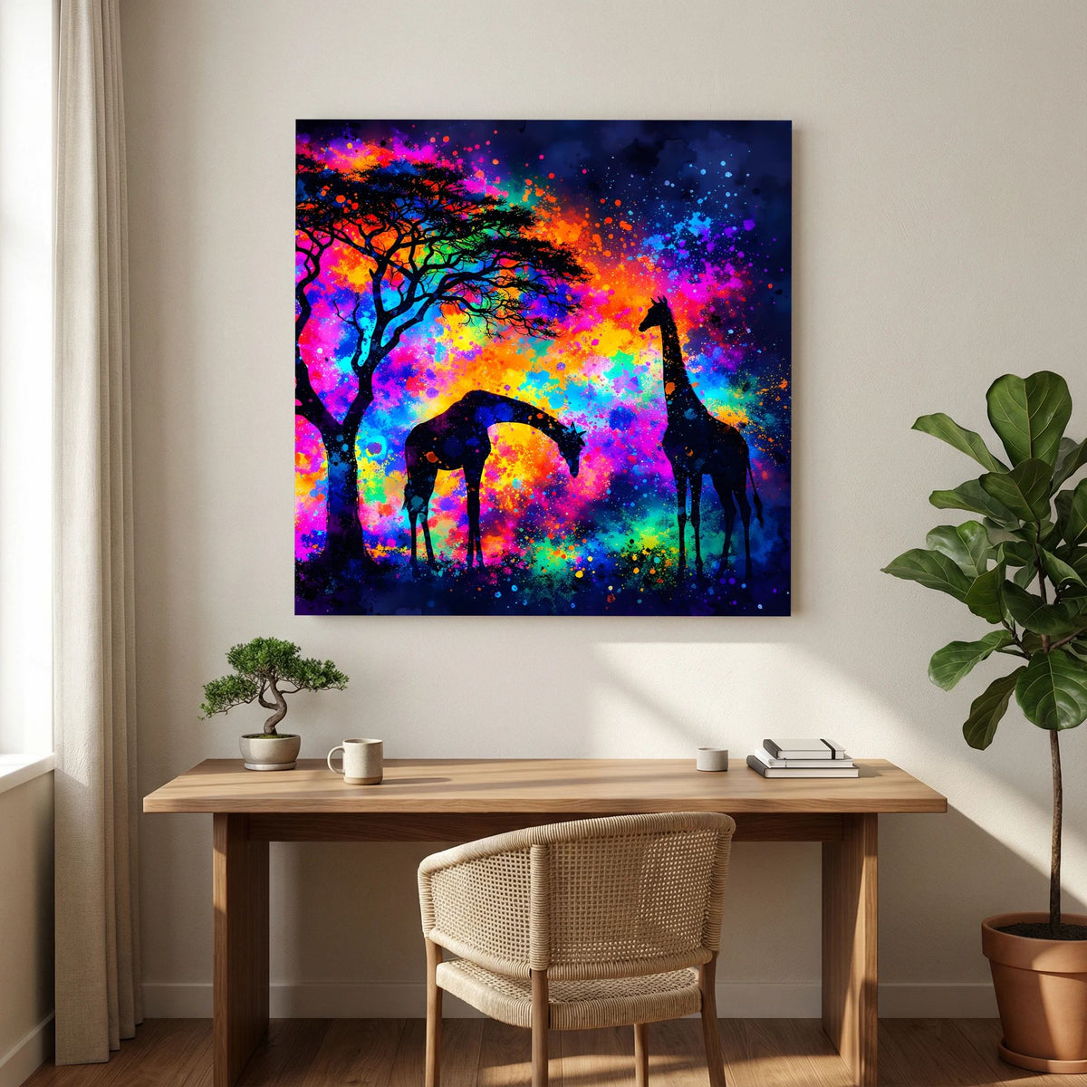 Abstraktes Wandbild auf Keilrahmen mit dunklen Giraffen-Silhouetten und Regenbogenfarben
